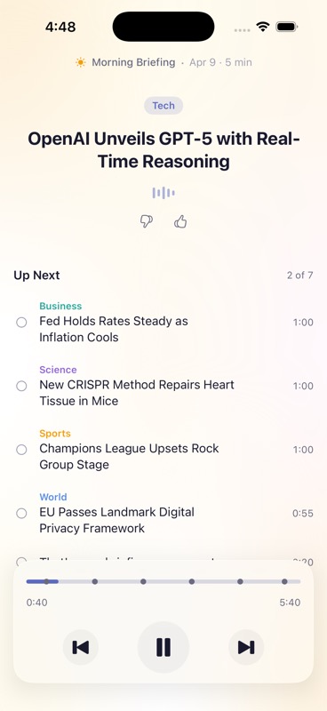 Nuwzly app showing a morning briefing